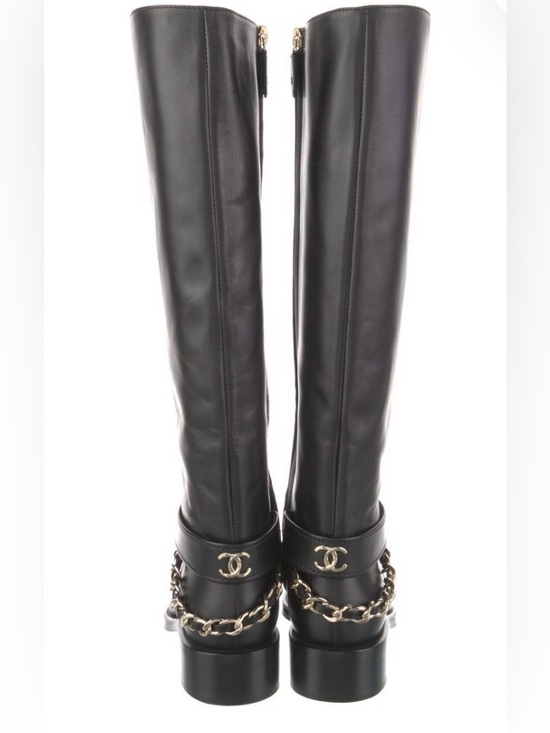 CHANEL Shoes - $2150 CHANEL Black Leather Over-the-Knee Boots with Gold Chain & CC logo